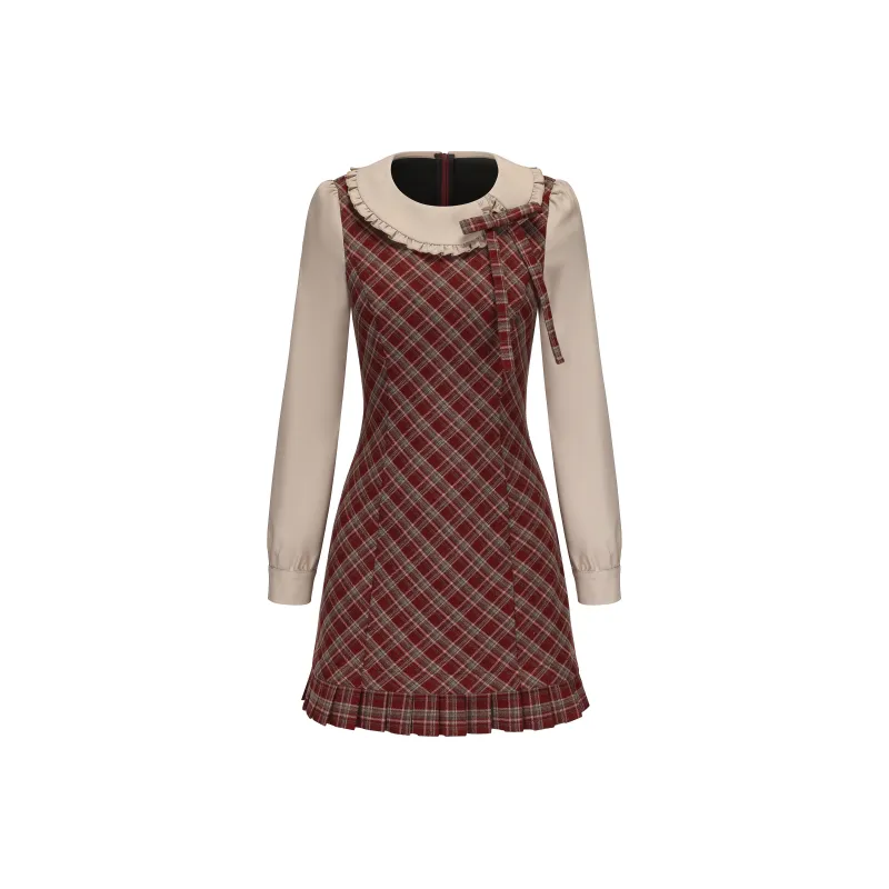 CHIWAWAMEME Long Sleeved Dresses Women's Red Plaid-0