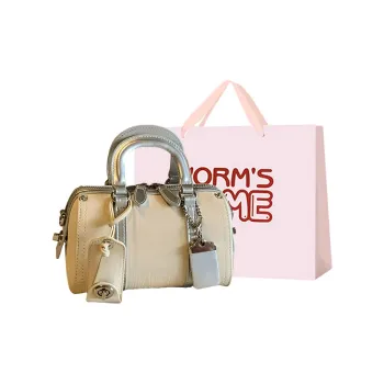 Worm's Home PU Boston Bag Handbag Women's Ecru/Denim Blue