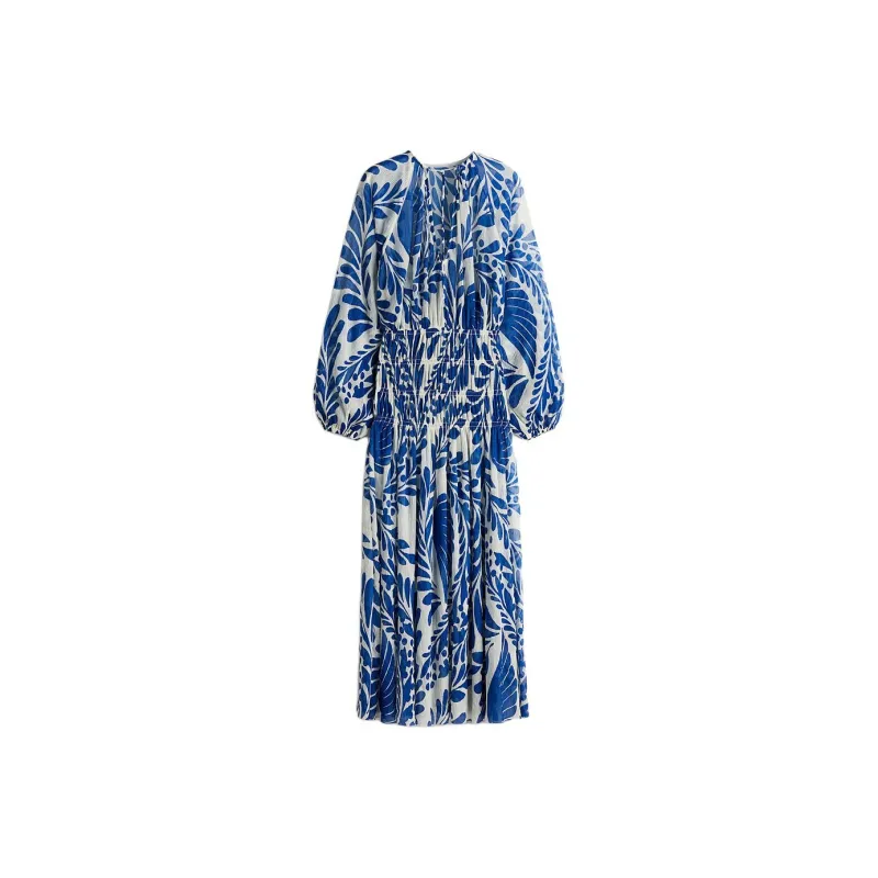 H&M Long Sleeved Dresses Women's White/Blue Pattern-0