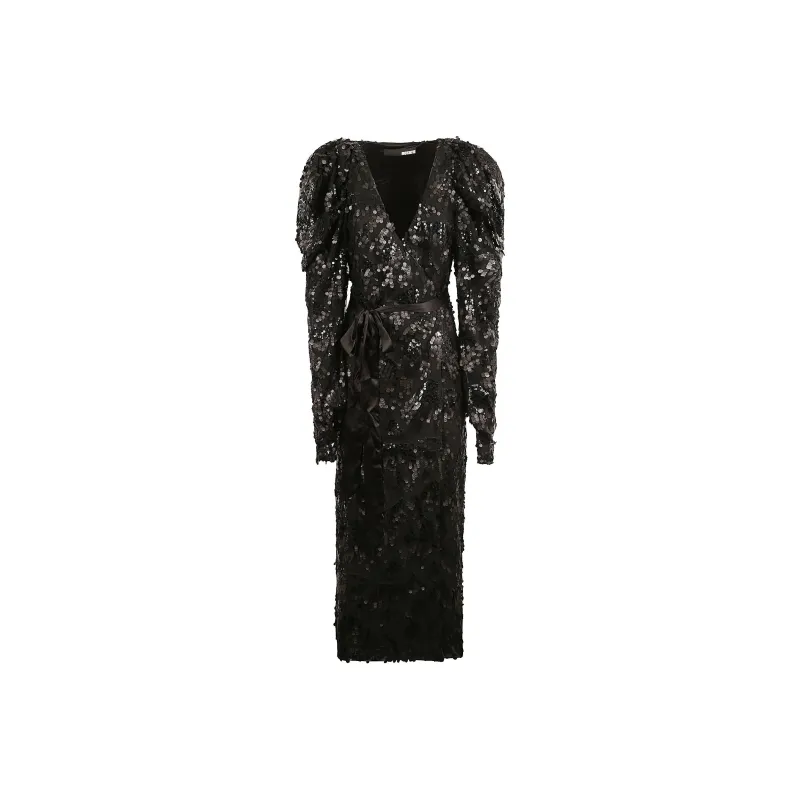 Rotate V-Neck Sequined Midi Wrap Dress-0