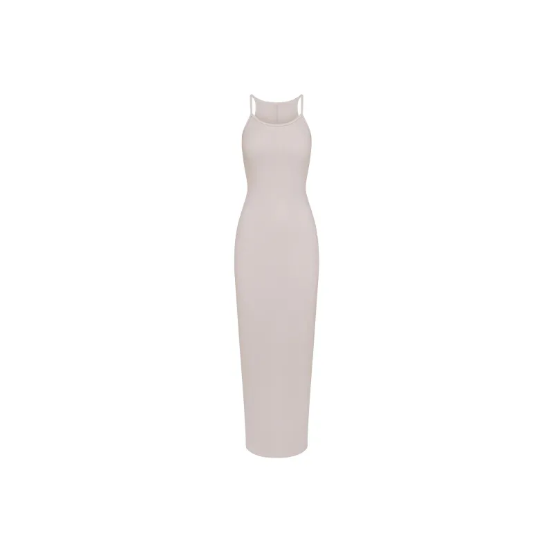 SKIMS SS24 COTTON RIB LONG CAMI DRESS Slip Dresses Women's STONE/Stone Color-0