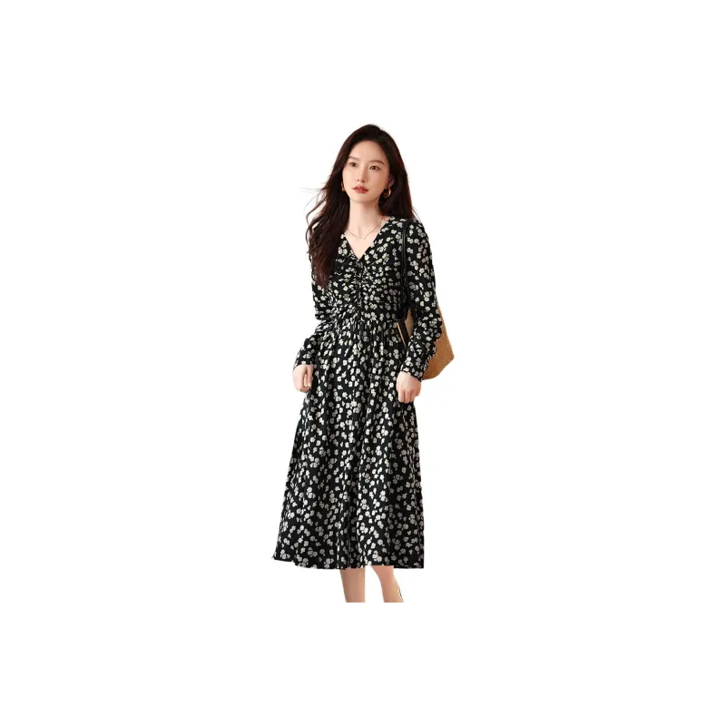 XWI Long Sleeved Dress Women's Black With Beige Floral-0