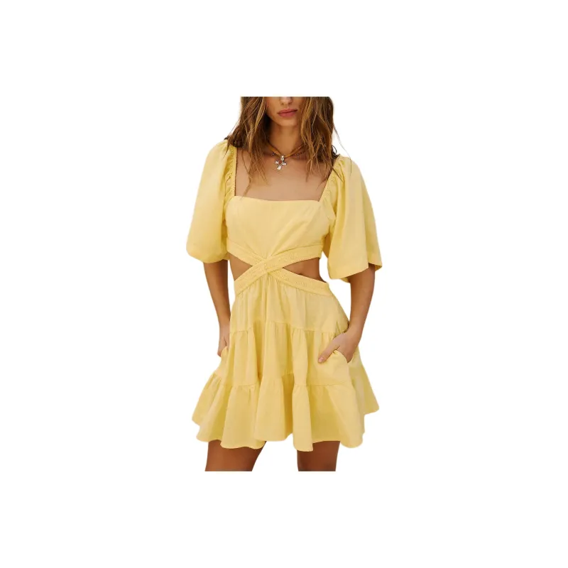 FREE PEOPLE Cross Of Sunlight Mini Short-Sleeved Dresses Women's Lemon Meringue-0