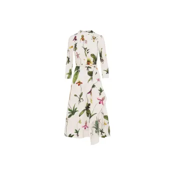 Oscar De La Renta Orchid 3/4 Sleeve Cotton poplin Dress