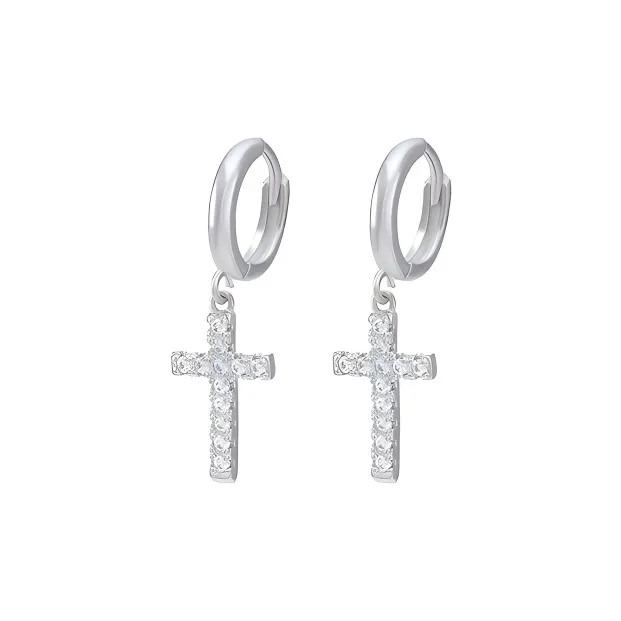 PUENTE 925 Sterling Silver Cross Hoop Earrings Men's-0