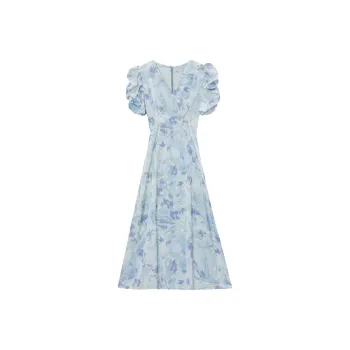 SYEEE WITH U Short Sleeved Dress Women's Plain Colorful Blue Painting