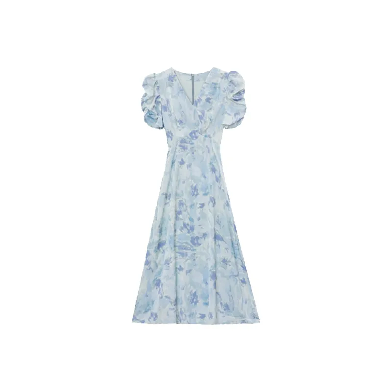 SYEEE WITH U Short Sleeved Dress Women's Plain Colorful Blue Painting-0