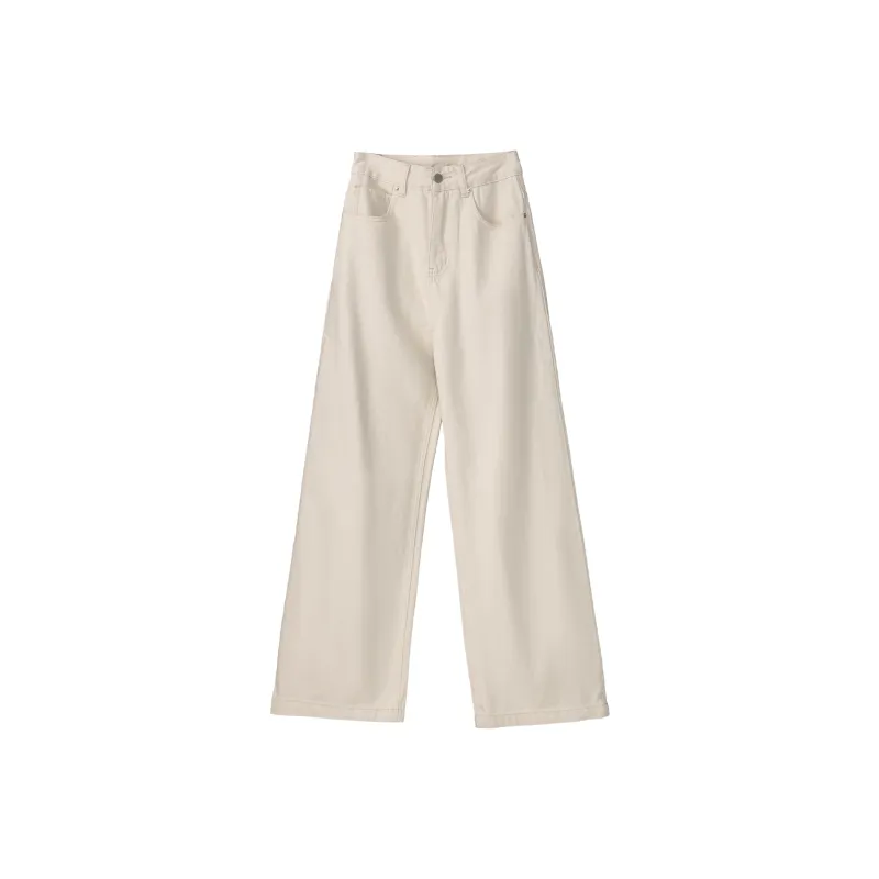 Fstudio Korean Style Solid Color Straight Fit High Rise Commute Versatile Jeans Women's Raw White-0