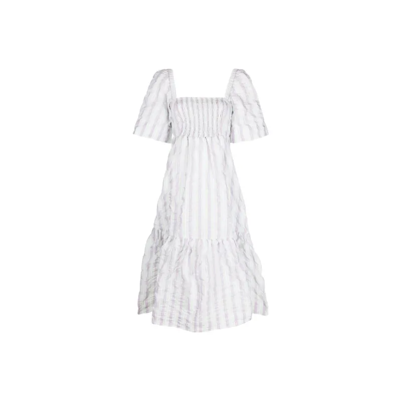 GANNI Striped Seersucker Midi Dress-0