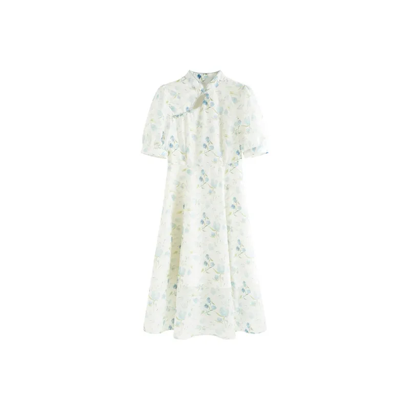 Short Sleeved Dresses Women's Blue Floral Color-0