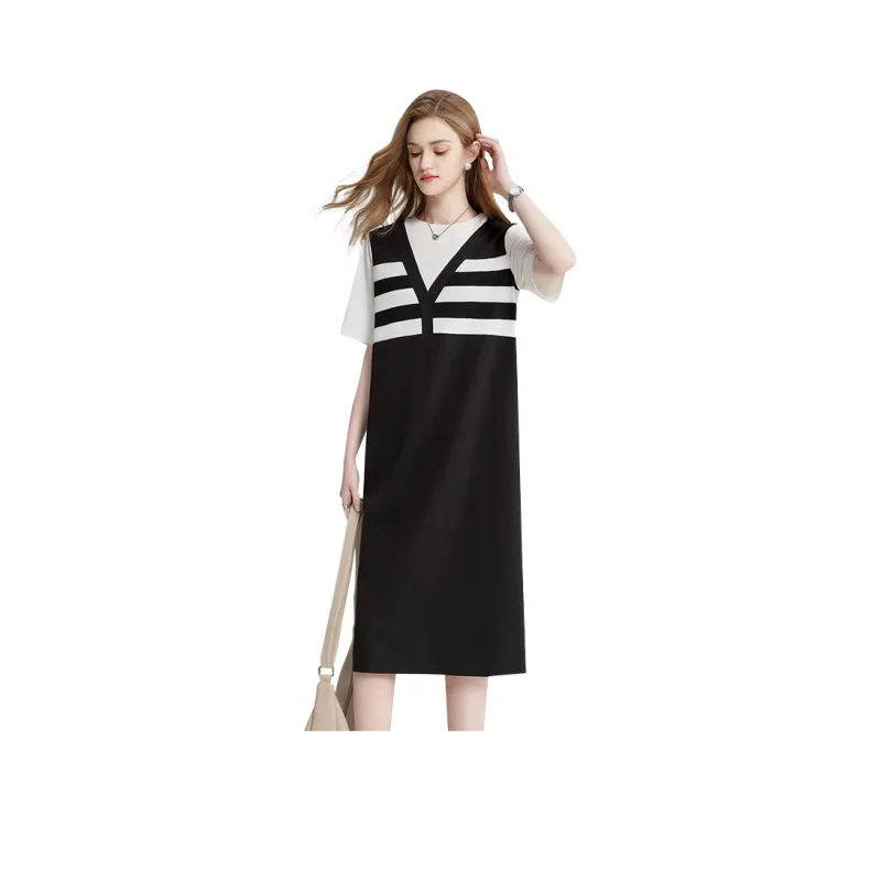 TOUCH Short Sleeved Dress Women's Black White Stripes & Black-0