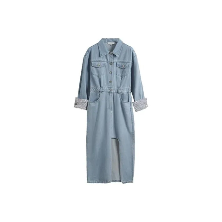 Olrain Long Sleeved Dresses Women's Light Denim Blue-0