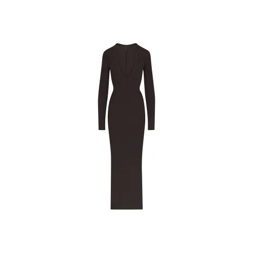 SKIMS SOFT LOUNGE DEEP PLUNGE LONG DRESS Long Sleeved Dress Women's ONYX/Onyx