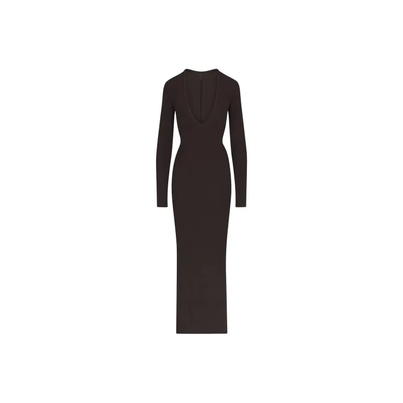 SKIMS SOFT LOUNGE DEEP PLUNGE LONG DRESS Long Sleeved Dress Women's ONYX/Onyx-0
