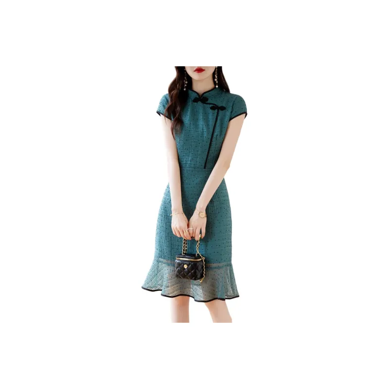 Still Quiet Short Sleeved Dresses Women's Aqua Blue-0