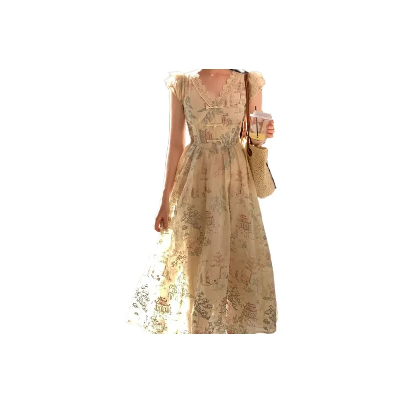 Letter Short Sleeved Dresses Women's Beige-0
