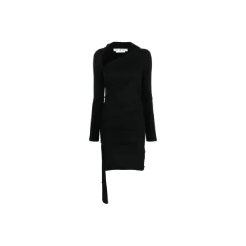 OFF WHITE Asymmetric Ruched Long Sleeved Mini Dress