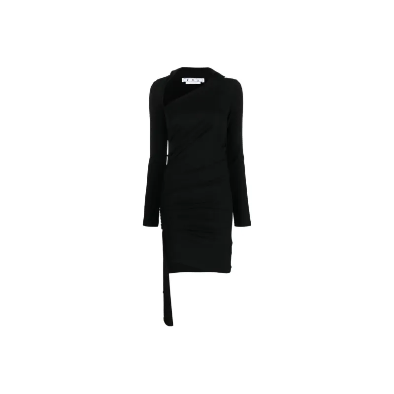 OFF WHITE Asymmetric Ruched Long Sleeved Mini Dress-0