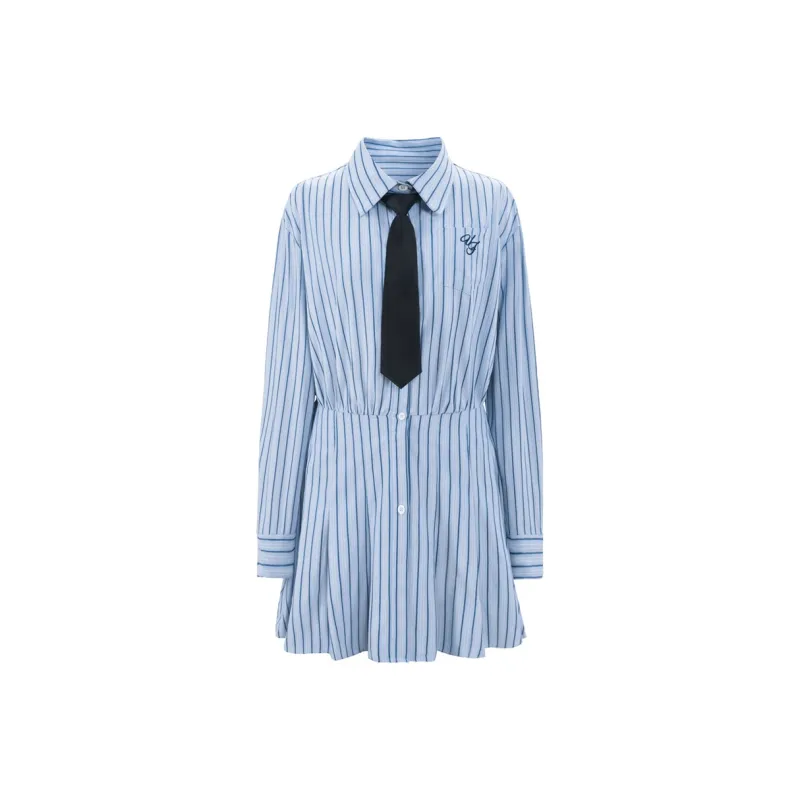 UNIFREE Long-Sleeved Dress Shirt Dress Pleated Skirt Skirt Women's Blue-0