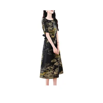 Yi Mengyuan Silk Short Sleeved Dress Women's Black Gold
