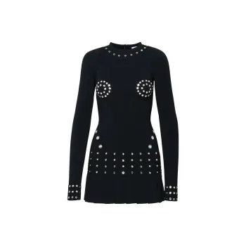 OFF WHITE Embellished Crewneck Long Sleeved Dress