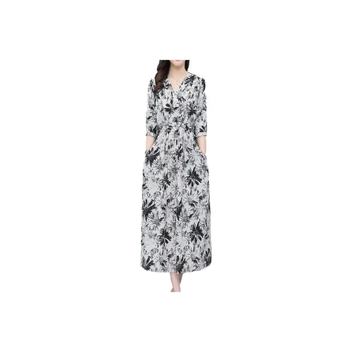 Mapping Short-Sleeved Dresses Women's Black And White Florals