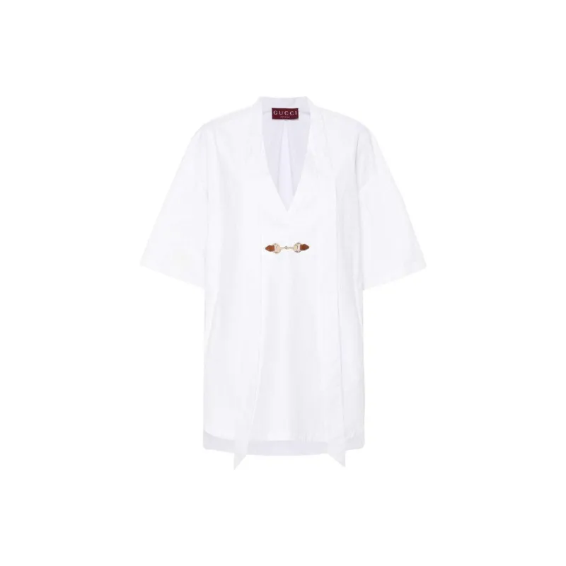 GUCCI Horsebit-Buckle V-Neck Poplin Mini Dress-0