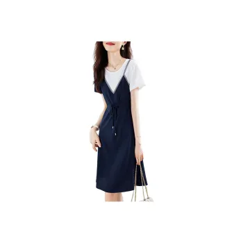 Mo Han Yi Mei Short-Sleeved Dresses Women's Navy Blue & White