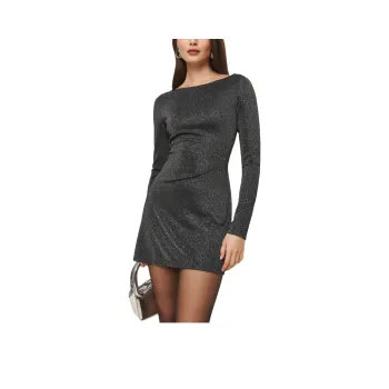 REFORMATION Jaelynn Knit Dress Long-Sleeved Dresses Women's Black Silver