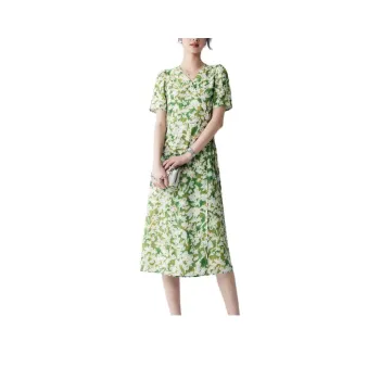 CHUMIAN Short Sleeved Dress Women's Green Land White Flower