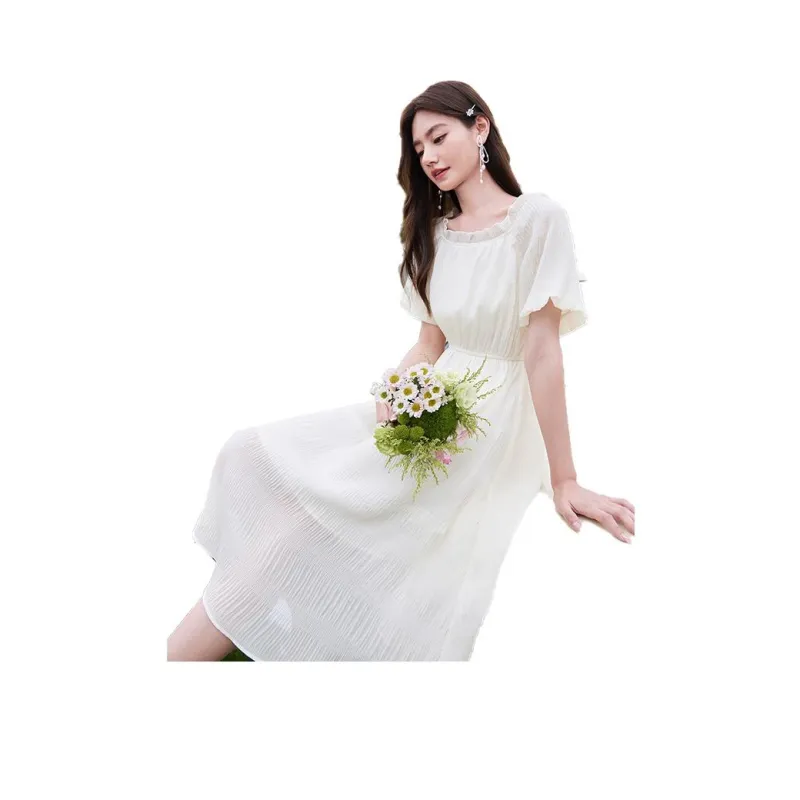 XIANGYING Short Sleeved Dress Women's Beige-0