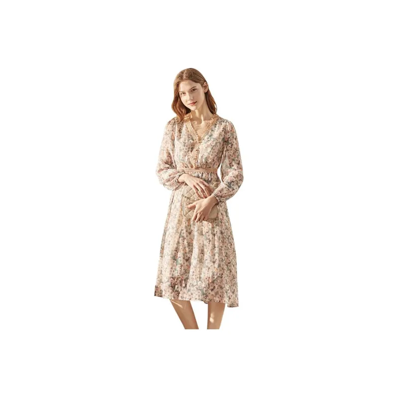 Olrain Long Sleeved Dresses Women's Floral Apricot-0