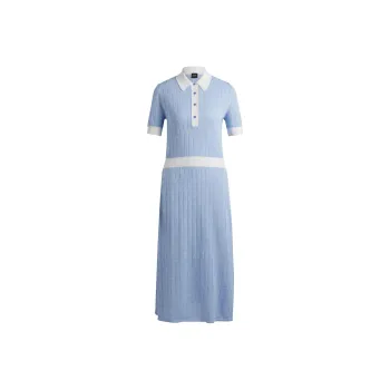 HUGO BOSS Linen Blend Dress With Button Placket Short Sleeved Dress Women's Blue