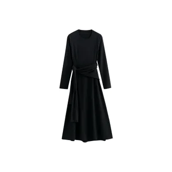 Initial Language Long Sleeved Dresses Women's Black