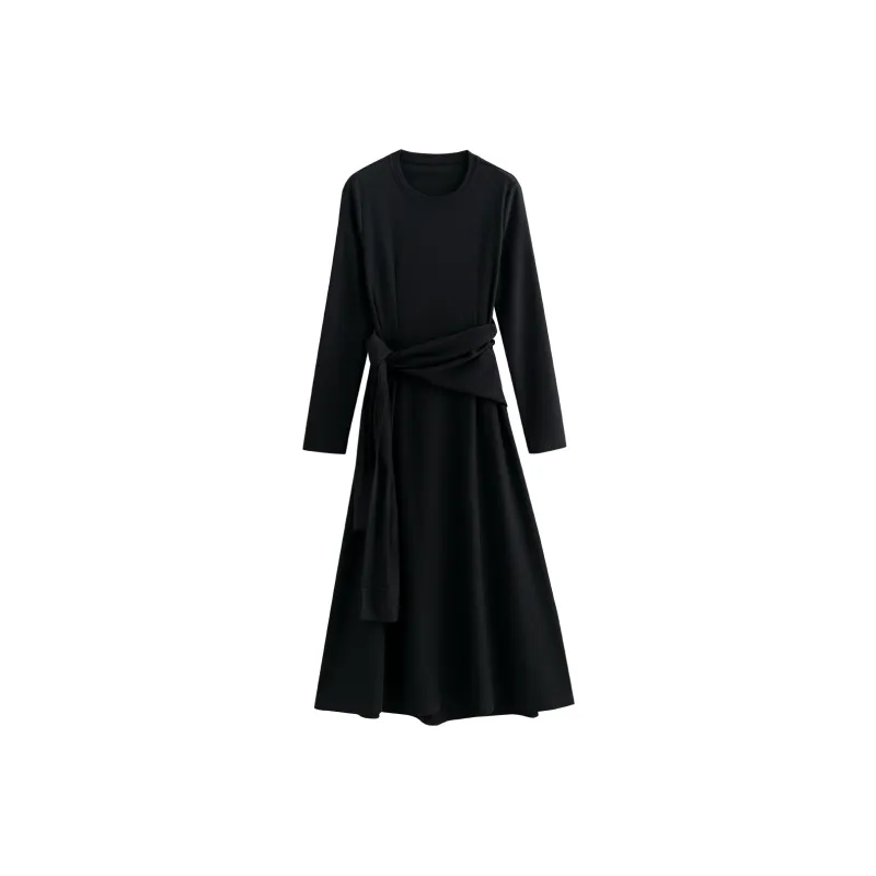 Initial Language Long Sleeved Dresses Women's Black-0
