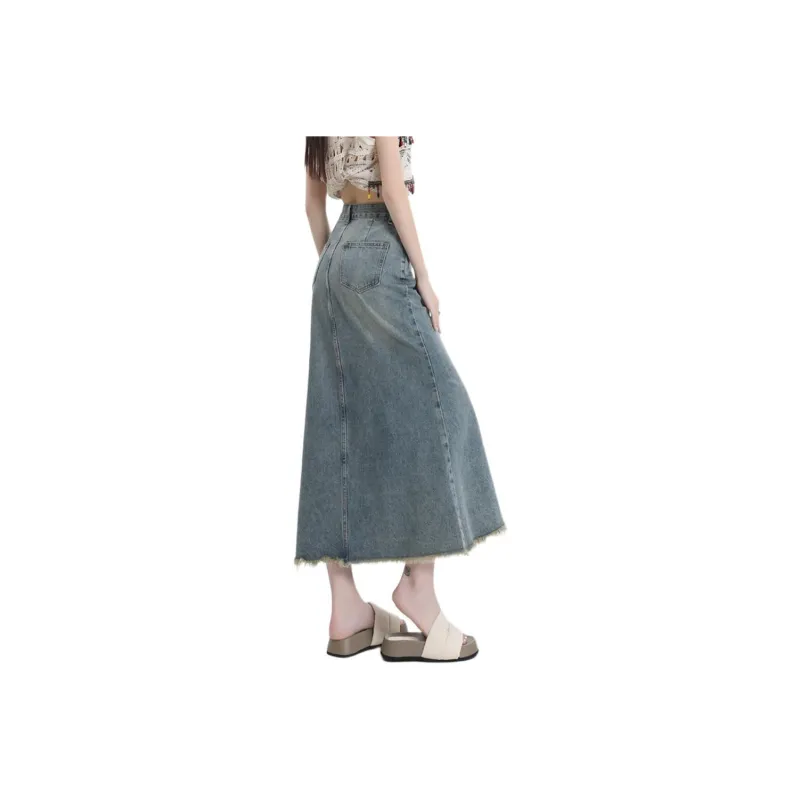 HELEH Denim Long Skirts Women's Vintage Blue-4