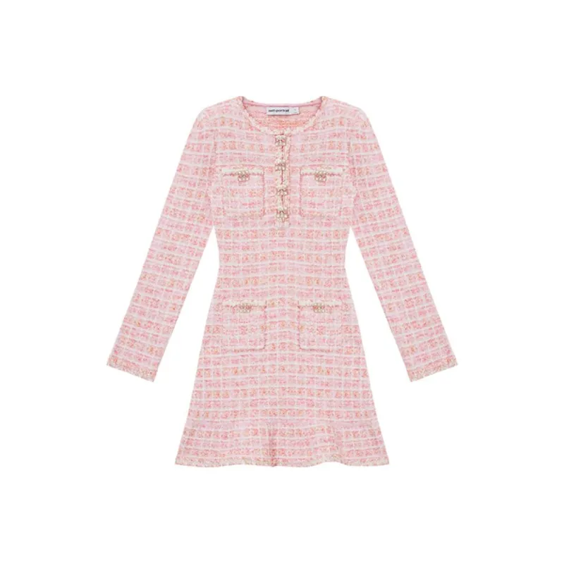 Self portrait Long Sleeved Dress Women's Red And Pink Plaid-0