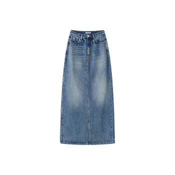 TAGEECHITA Washed Blue Denim Dress Skirt Women's Washed Medium Blue