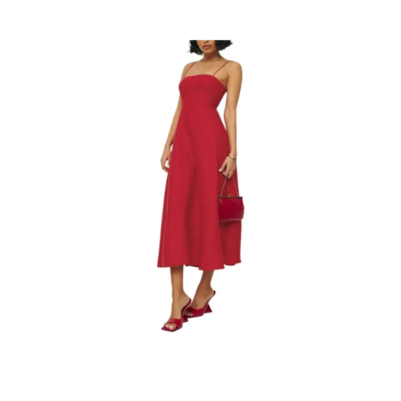 REFORMATION Monette Linen Dress Slip Dresses Women's Cherry Color-0