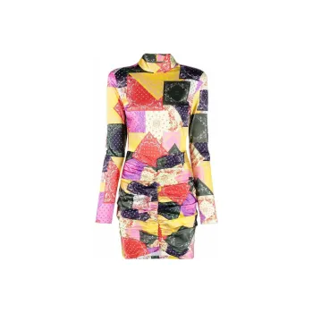 Rotate Miki Patchwork-print Ruched Dress