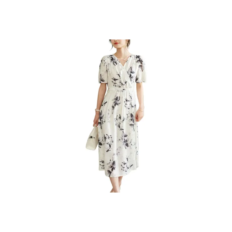 Still Quiet Short Sleeved Dresses Women's White+Multicolor-0