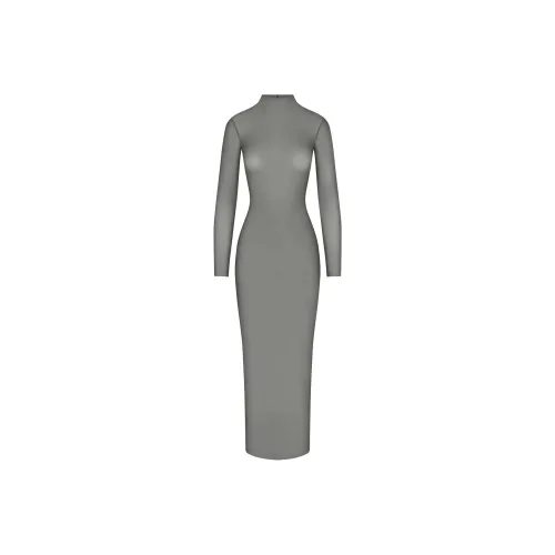 SKIMS MILKY SHEER MOCK NECK LONG SLEEVE LONG DRESS Long-Sleeved Dresses Women's GUNMETAL/Bronze