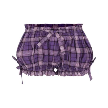 Selkie Collection FW24 Casual Shorts Women's Purple Preppy Style Plaid Print