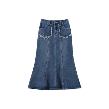 FAWENXIANGZI Denim Long Skirt Women's Blue