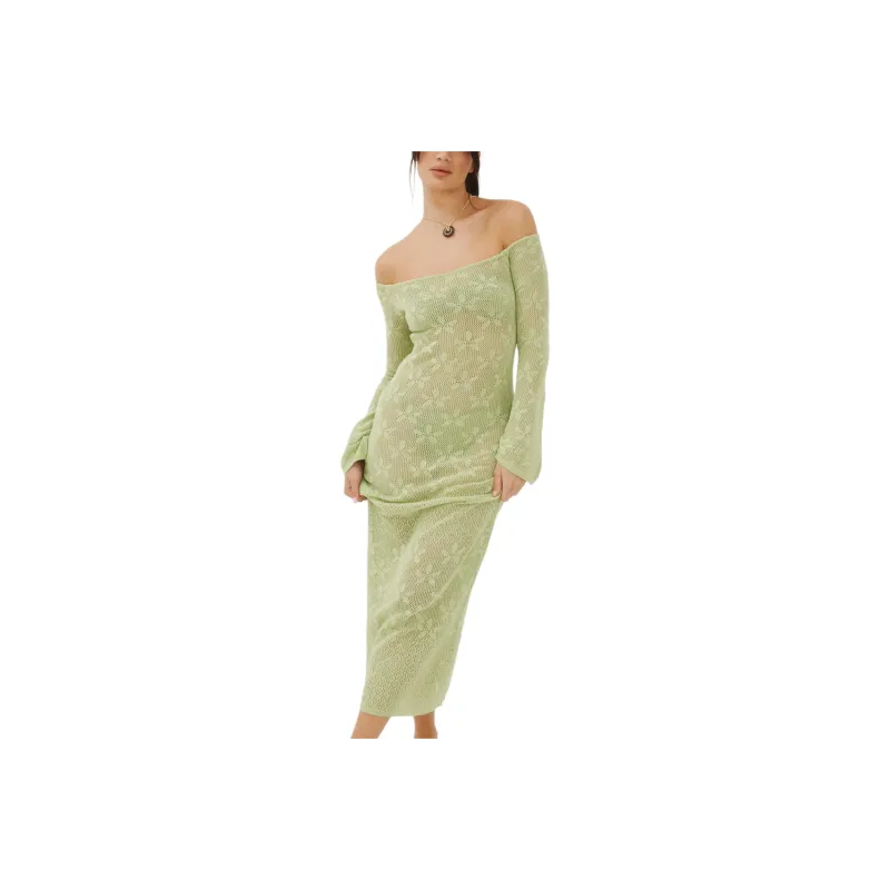 NASTY GAL Floral Crochet Off The Shoulder Maxi Beach Dress Long-Sleeved Dresses Women's Yellow Green-0