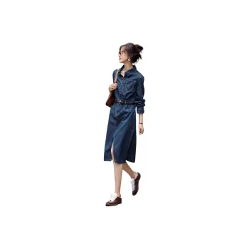 Mo Han Yi Mei Long Sleeved Dresses Women's Denim Blue