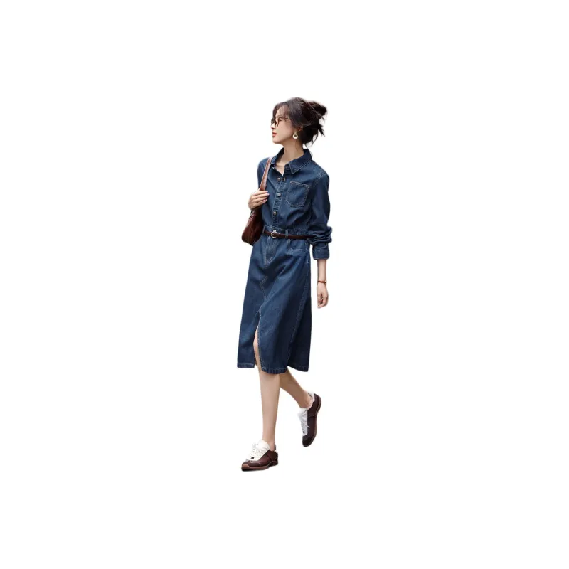 Mo Han Yi Mei Long Sleeved Dress Women's Denim Blue-0