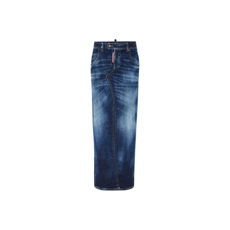 DSQUARED 2 Medium Wash Front Split Jean Skirt-0