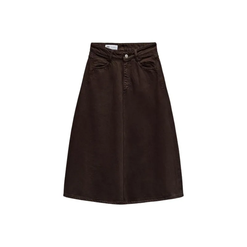 ZARA Trf Denim Long Skirts Women's Brown-0