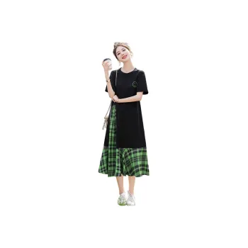 Cypress House Short Sleeved Dress Women's Top Black Bottom Gray Green Plaid
